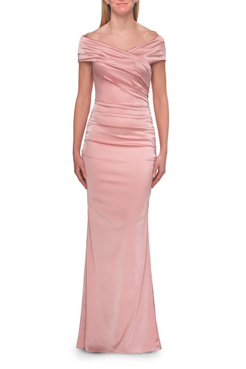 Off-the-Shoulder Ruched Satin Evening Gown