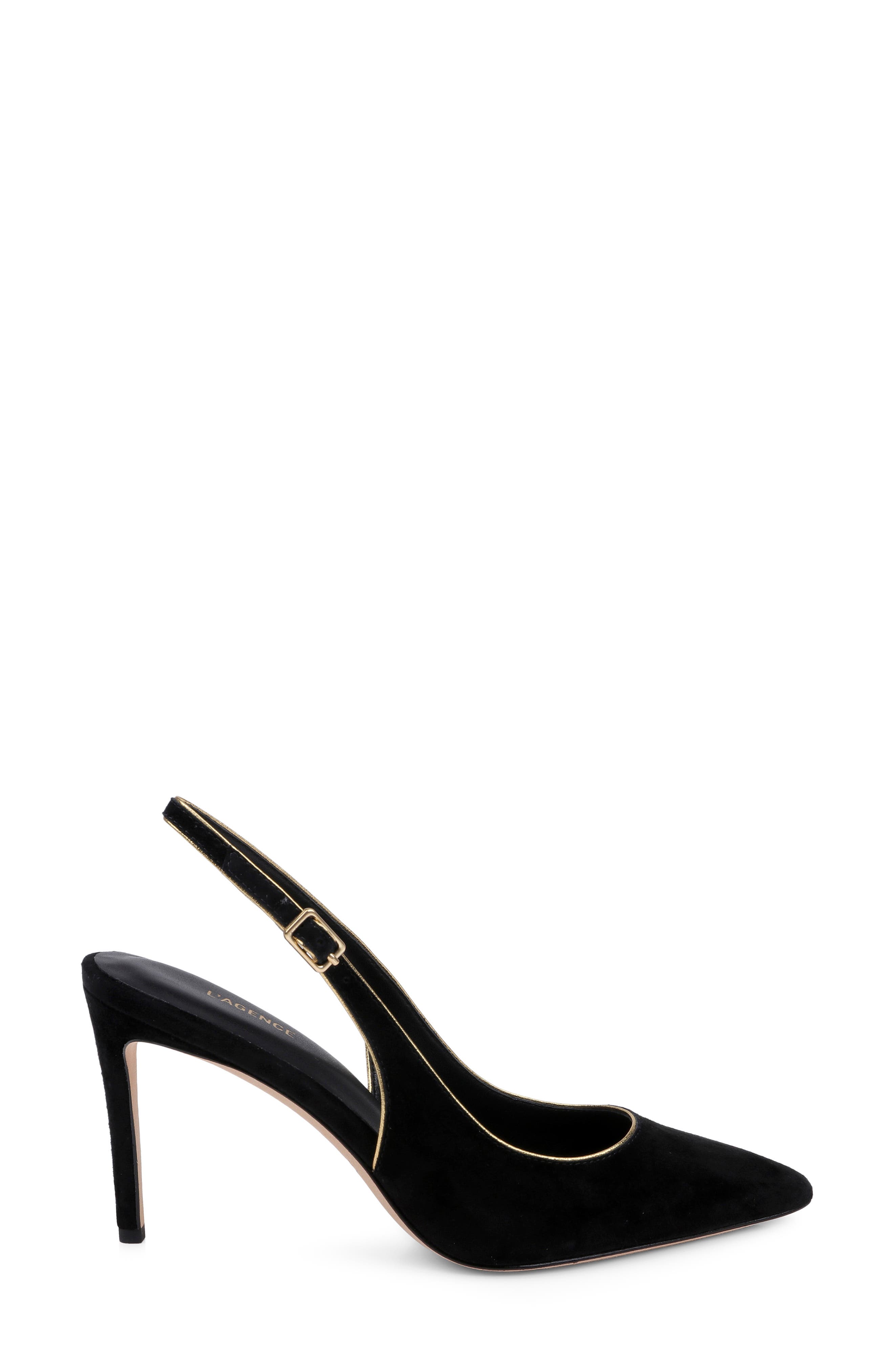 L'AGENCE Vichy II Leather Trimmed Pointed Toe Slingback Pump, Alternate, color, Black Suede