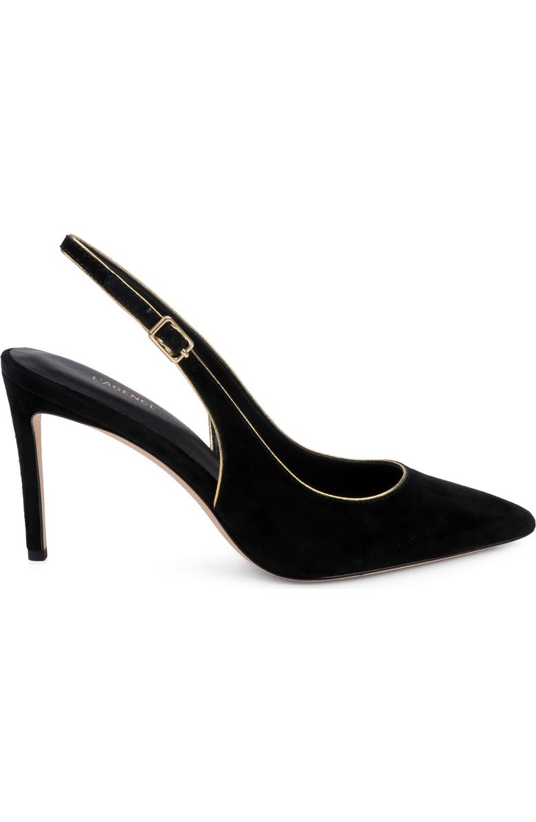 L'AGENCE Vichy II Leather Trimmed Pointed Toe Slingback Pump, Alternate, color, Black Suede