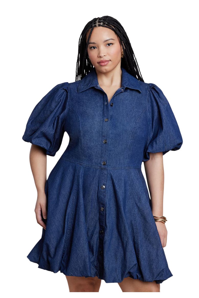 Bubble Detail Denim Mini Dress, Alternate, color, DARK WASH