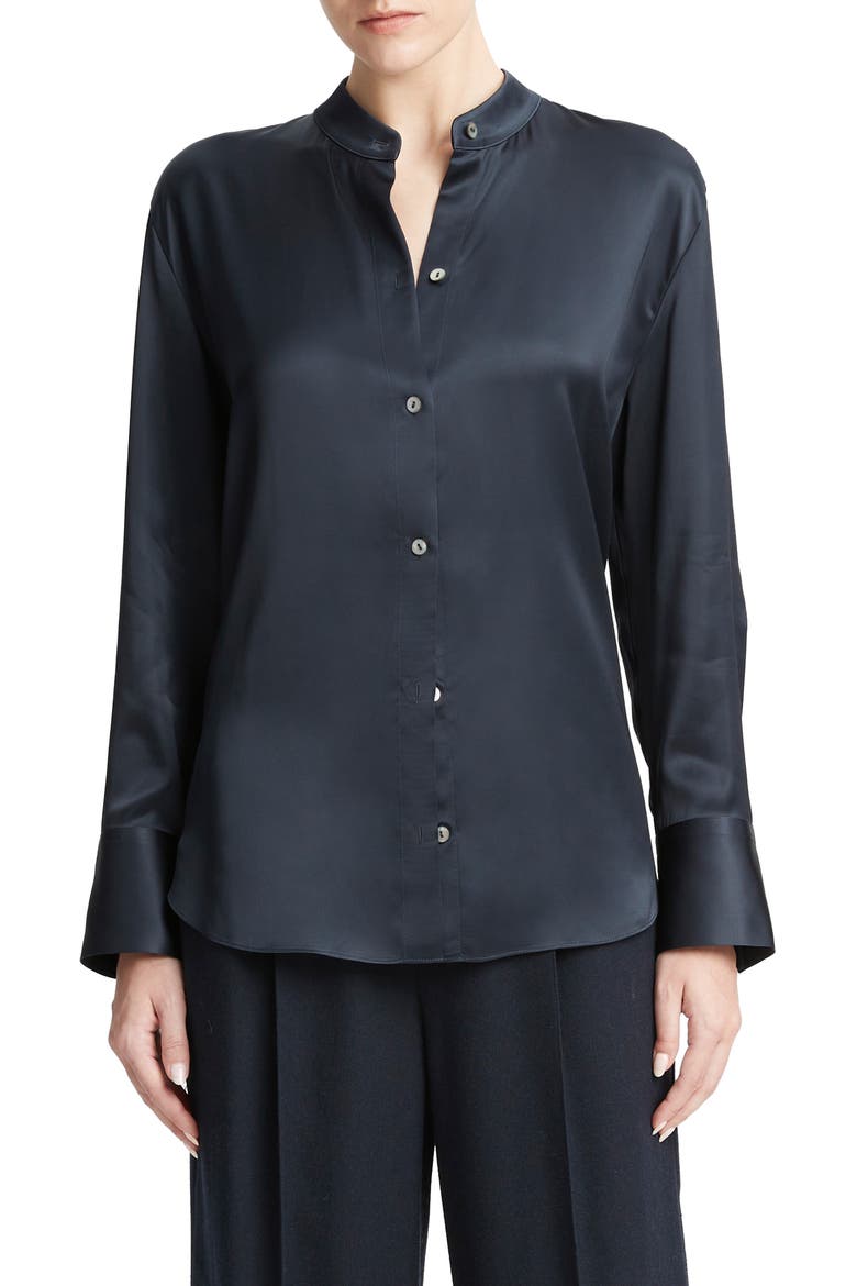 Band Collar Satin Button-Up Shirt, Main, color, COASTAL