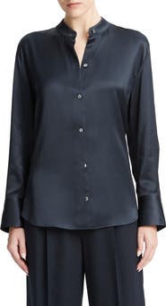 Vince Band Collar Satin Button-Up Shirt