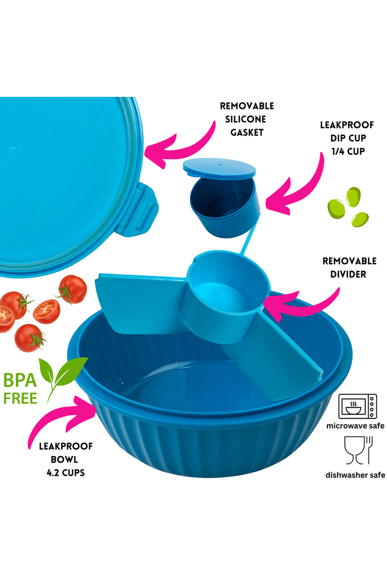 Bento-Style Salad Bowl with 3-Part Divider and Dip Cup, Alternate, color, Lagoon Blue