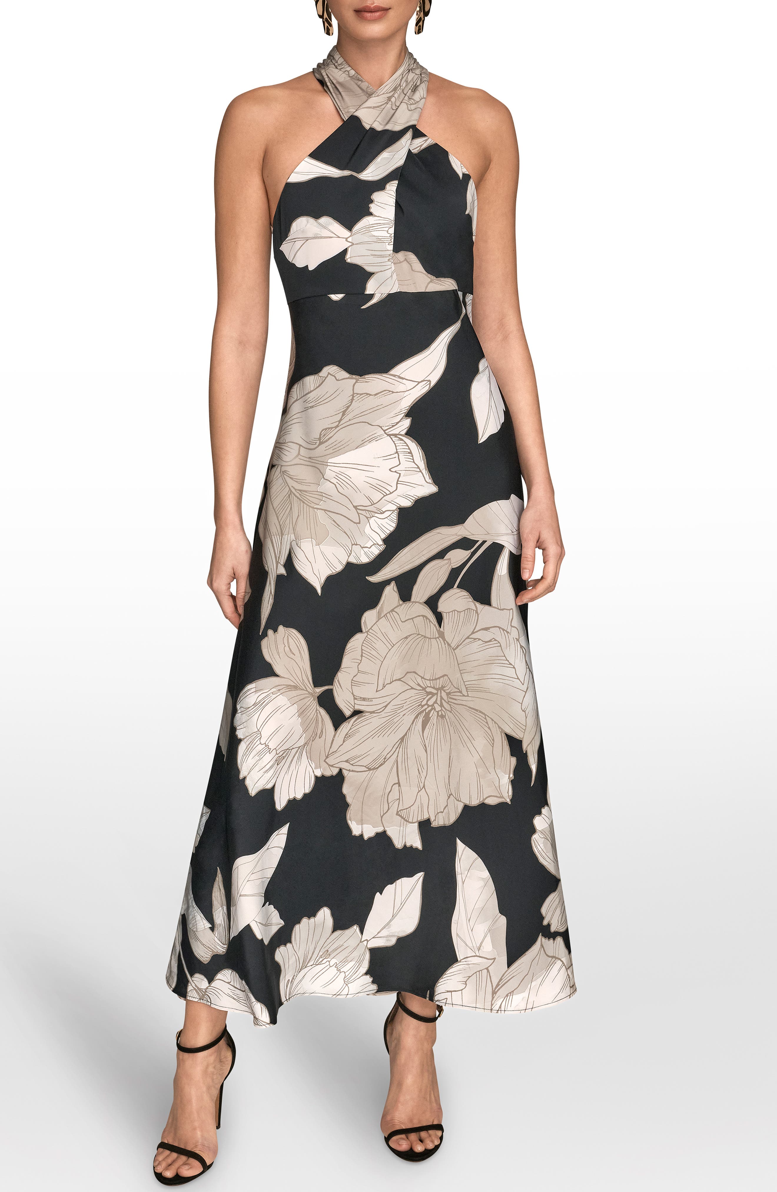 donna karan halter dress Donna Karan New York Women's Sleeveless Asymmetrical Neck Floral Midi Dress - Black Multi