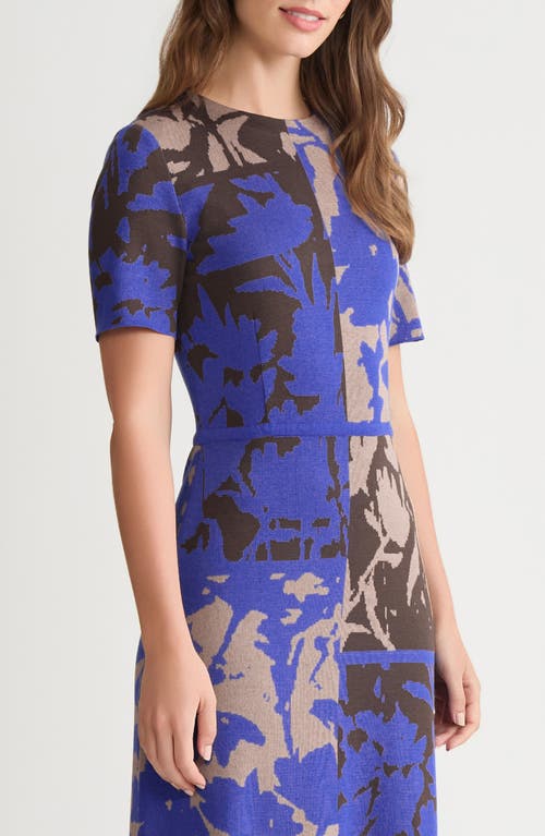 Ming Wang Floral Colorblock Knit Midi Dress In Blue