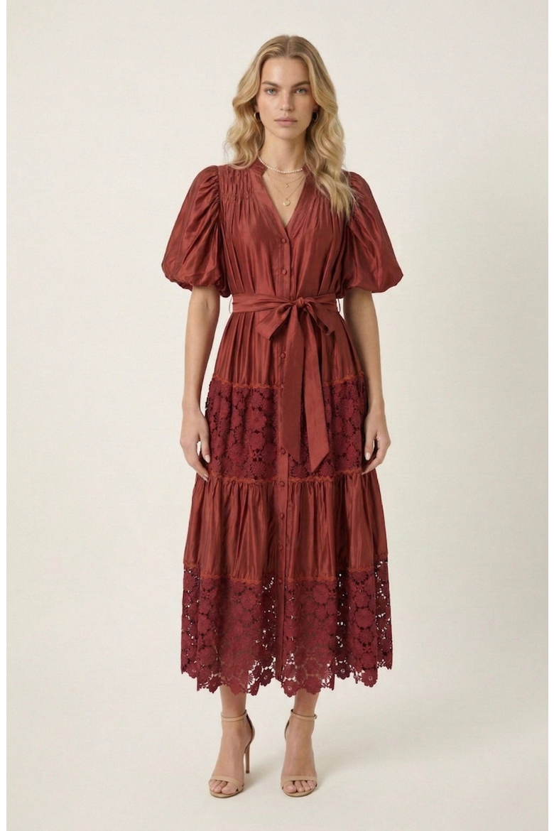 V-Neck Lace Paneling Midi Dress, Main, color, Red