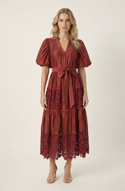 V-Neck Lace Paneling Midi Dress