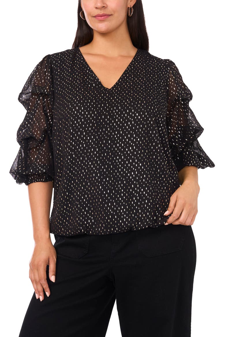 Metallic Dot V-Neck Bubble Sleeve Top, Main, color, RICH BLACK