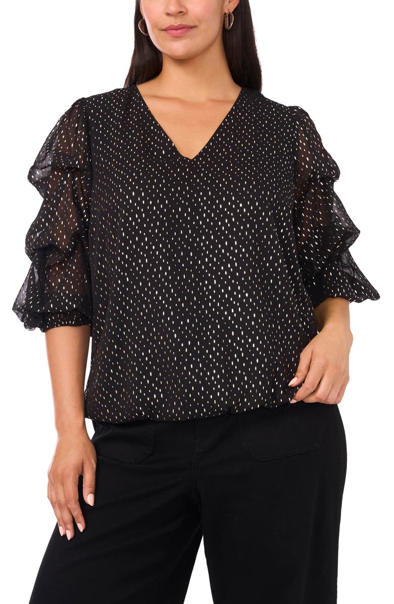 Vince Camuto Metallic Dot V-Neck Bubble Sleeve Top, Main, color, Rich Black