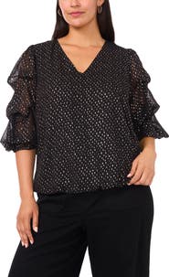 Vince Camuto Metallic Dot V-Neck Bubble Sleeve Top