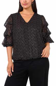 Vince Camuto Metallic Dot V-Neck Bubble Sleeve Top