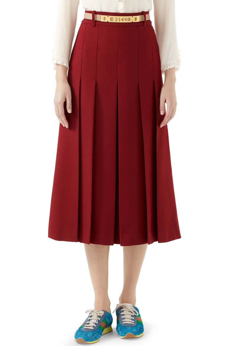 Logo Belt Pleated Midi Skirt, Main, color, REAL MAGENTA