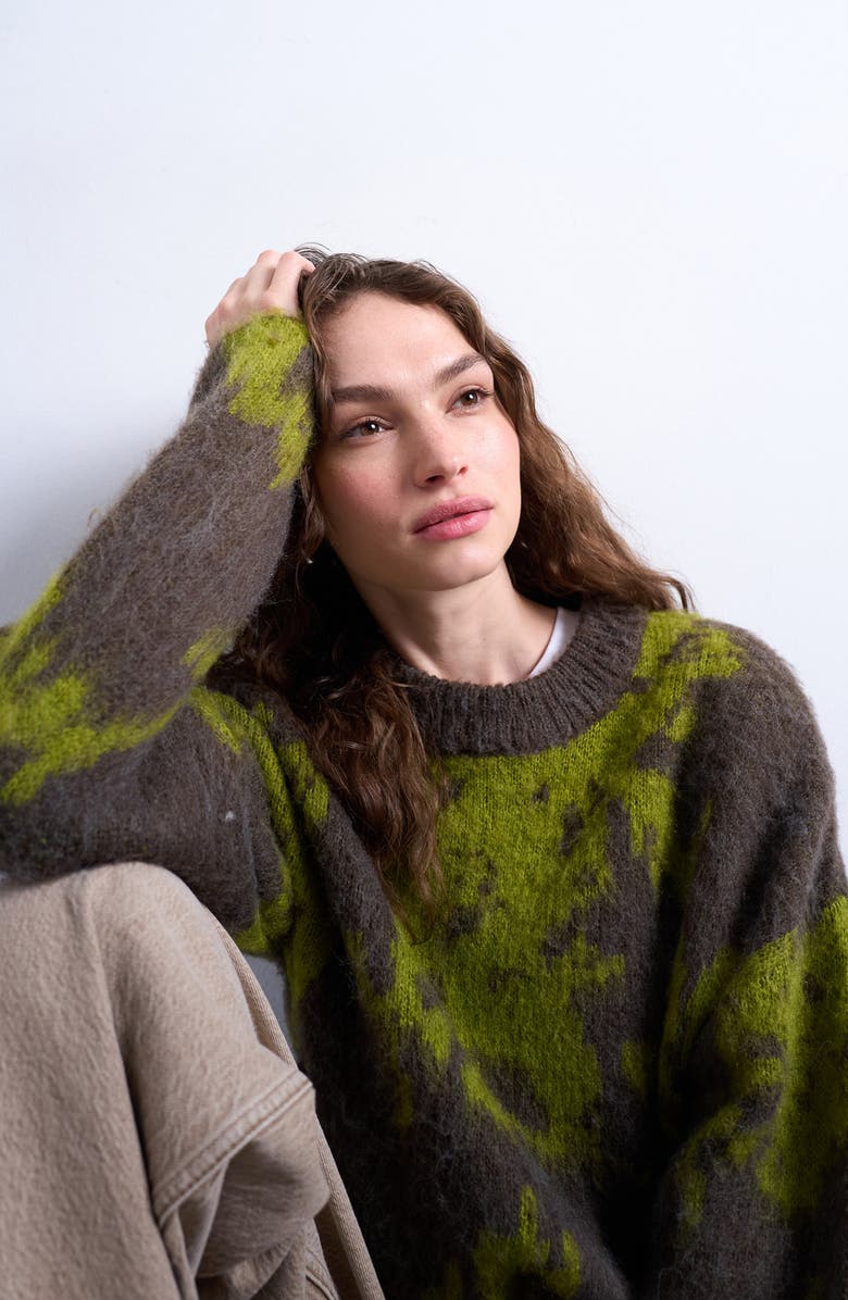 Topshop Blurred Floral Fuzzy Sweater, Alternate, color, Medium Green