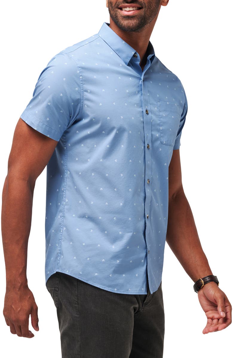 TravisMathew Wind It In Stretch Short Sleeve Button-Up Shirt, Alternate, color, Heather Quiet Harbor