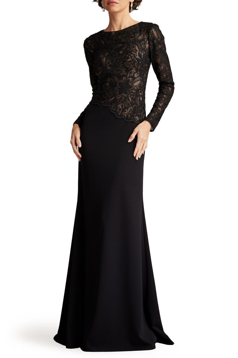 Embroidered Lace Long Sleeve Gown, Main, color, BLACK/ BEIGE
