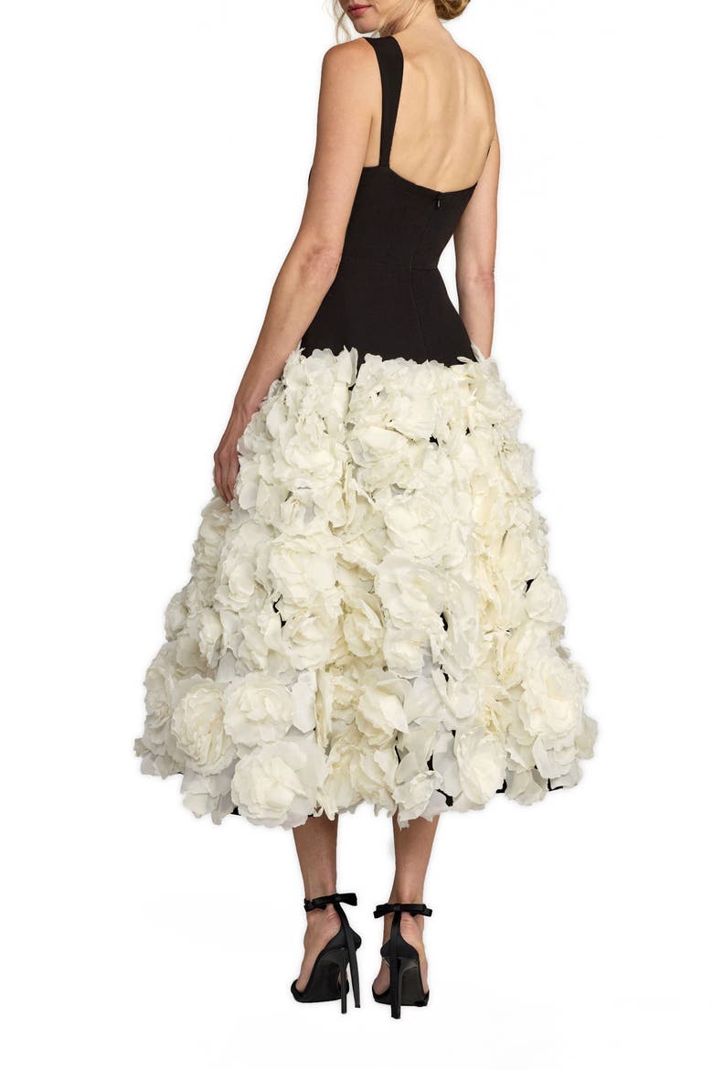 Sleeveless A Line Crepe Midi Dress With Floral Hem, Alternate, color, Black Cream