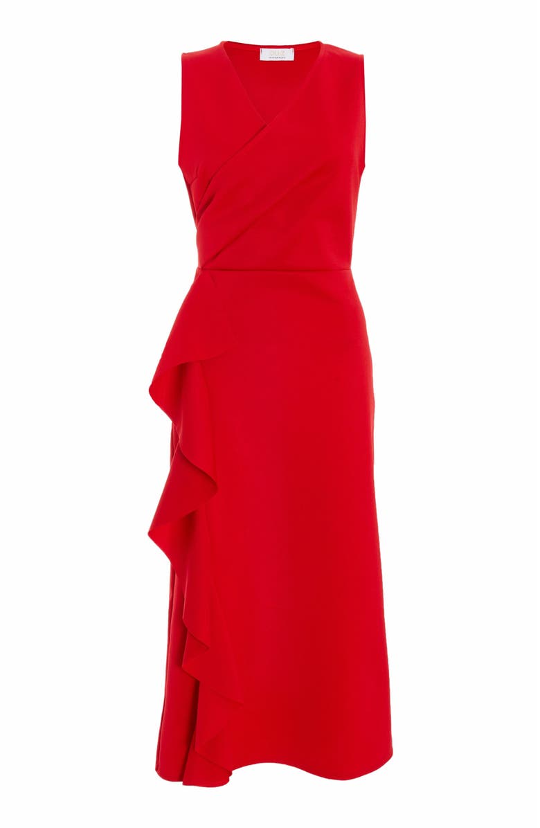 QUIZ Scuba Crepe Wrap Frill Midi Dress, Alternate, color, Red