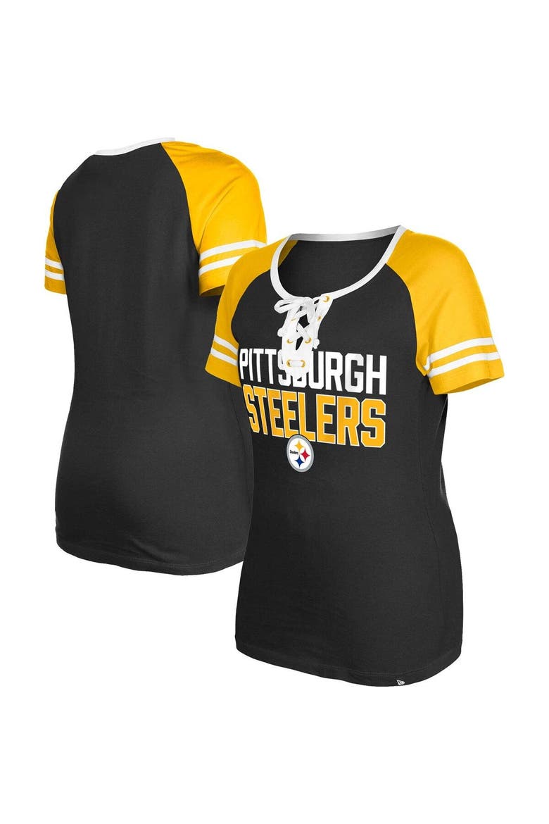 Women's New Era  Black Pittsburgh Steelers Raglan Lace-Up T-Shirt, Main, color, Black