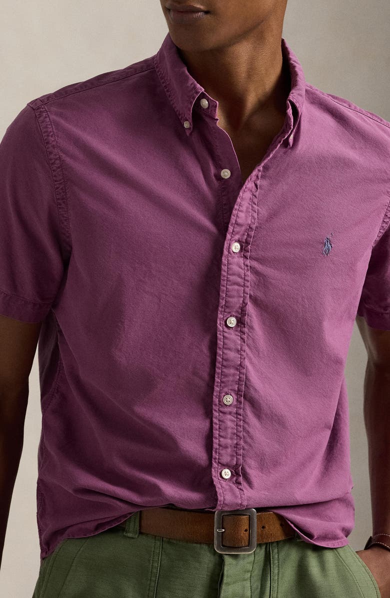 Polo Ralph Lauren Classic Fit Solid Purple Short Sleeve Button-Down Oxford Shirt, Alternate, color, 