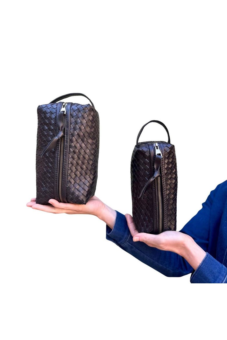 Woven Leather Makeup Bag, Main, color, Black - Small