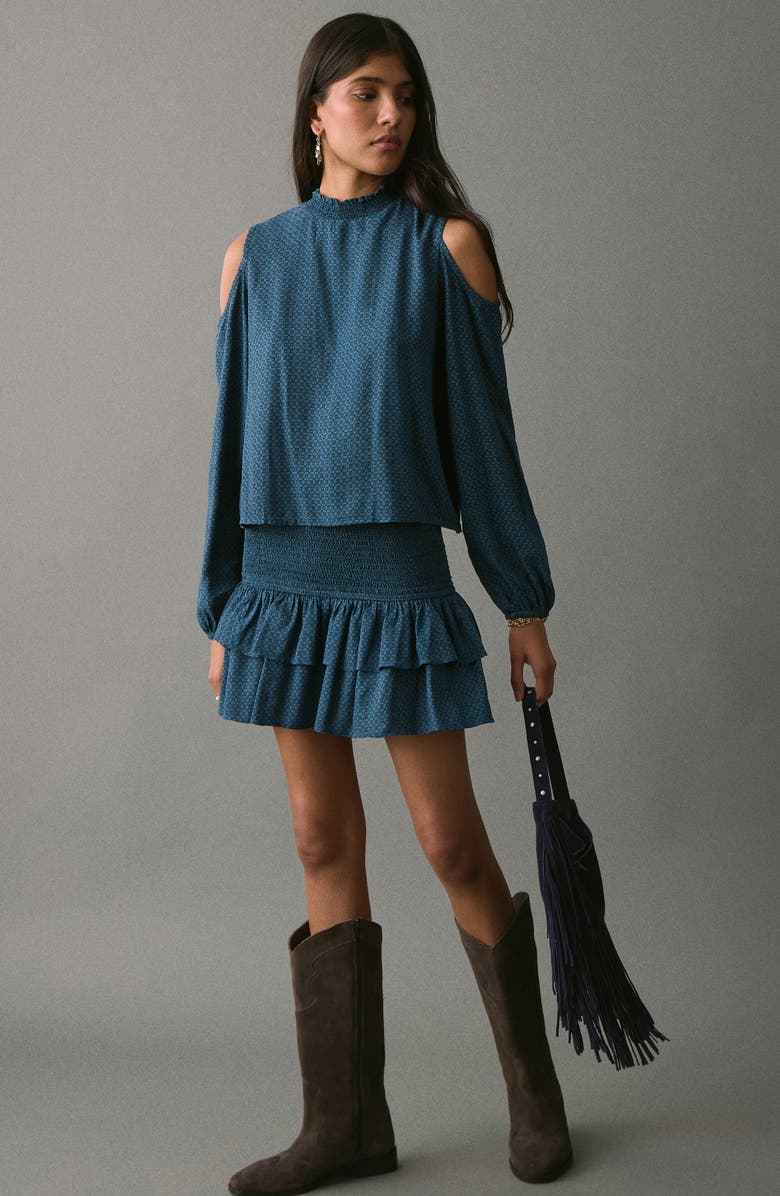 MANGO TEEN Tired Ruffle Print Skirt, Alternate, color, Navy