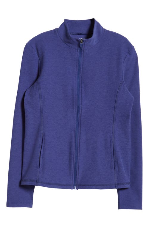 Beyond Yoga On The Go Mock Neck Jacket In Eternal Blue Heather