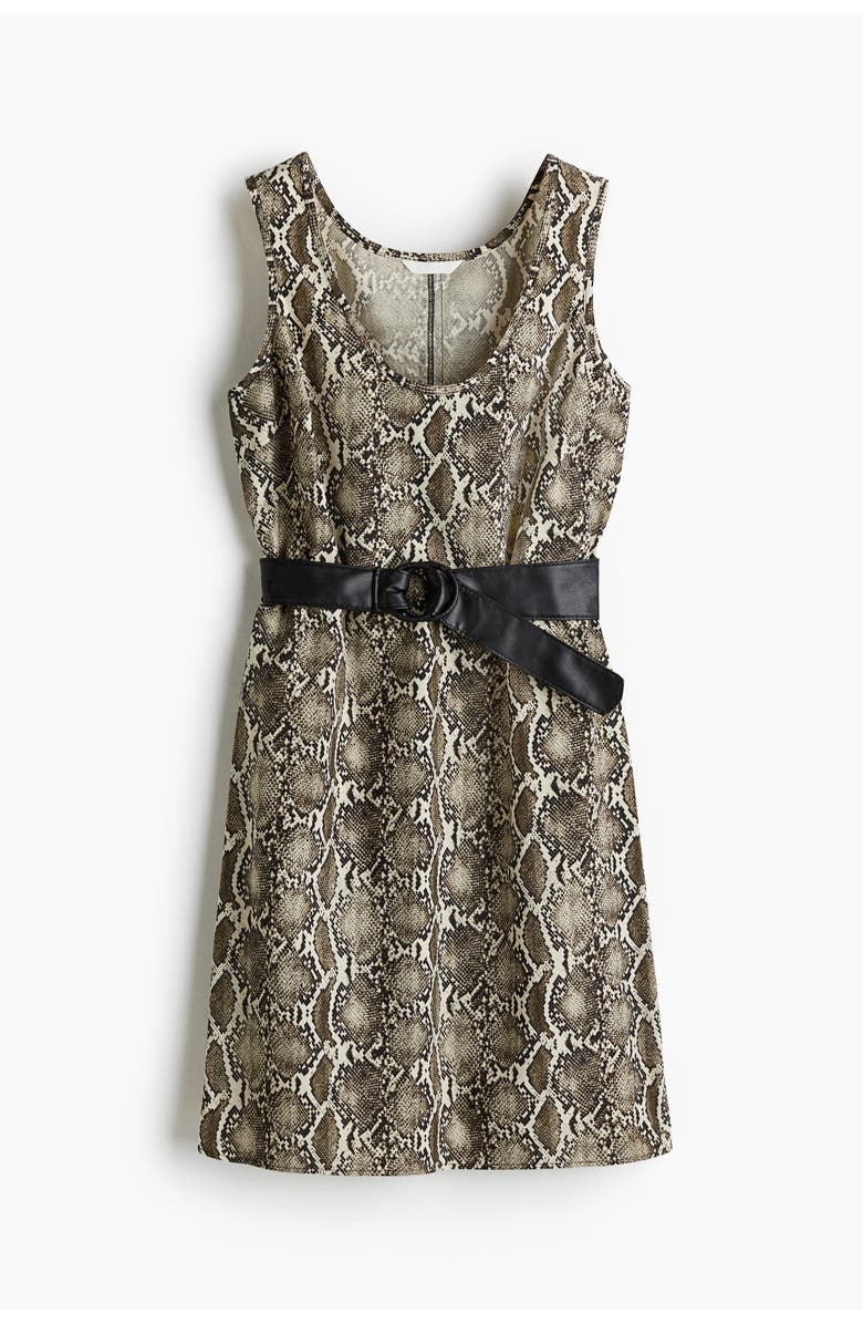H&M Belted Dress, Main, color, Light Beige/Snakeskin Pattern