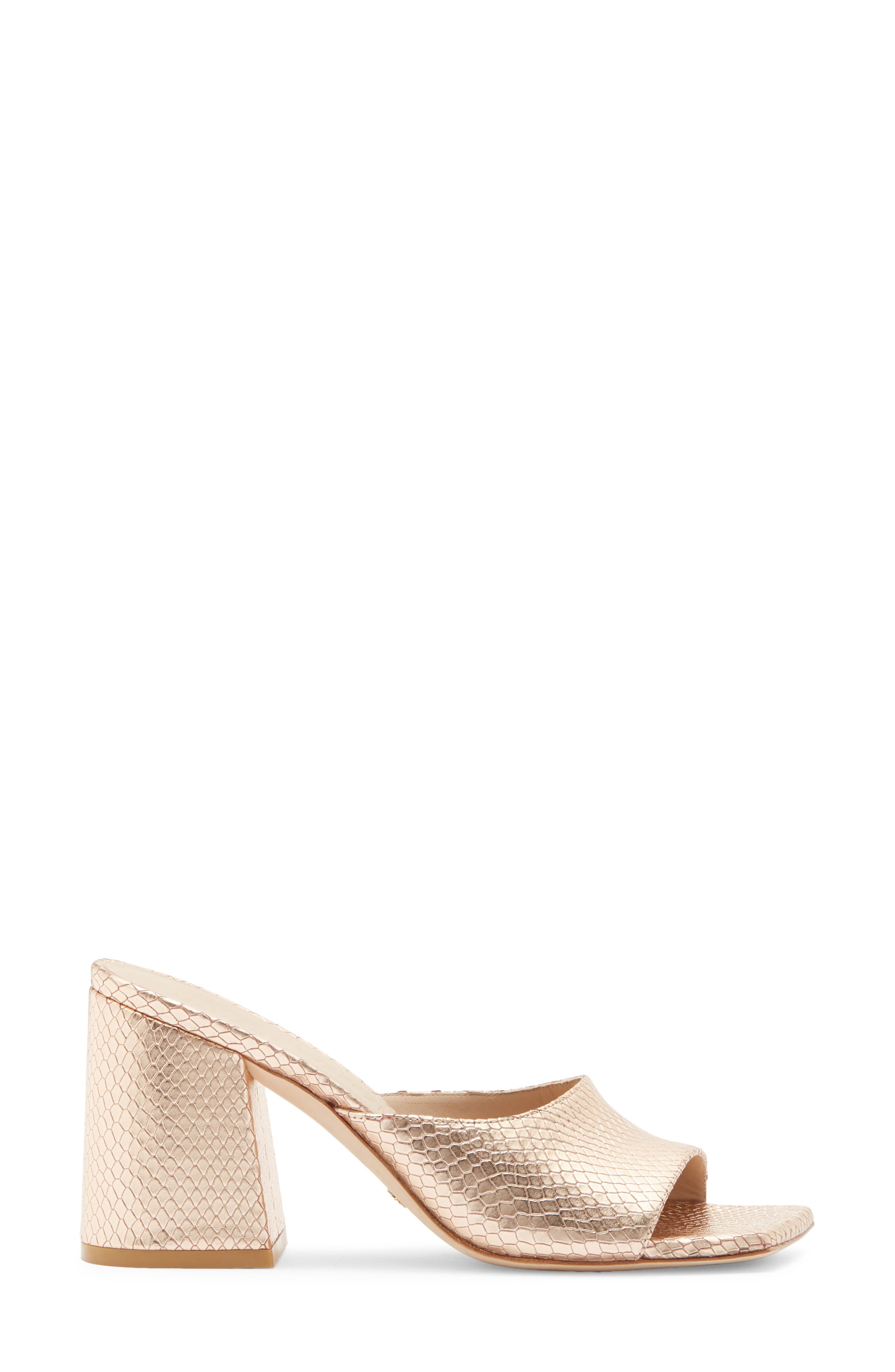 Stuart Weitzman Tia 85 Snakeskin Embossed Flare Block Sandal, Alternate, color, Ballet