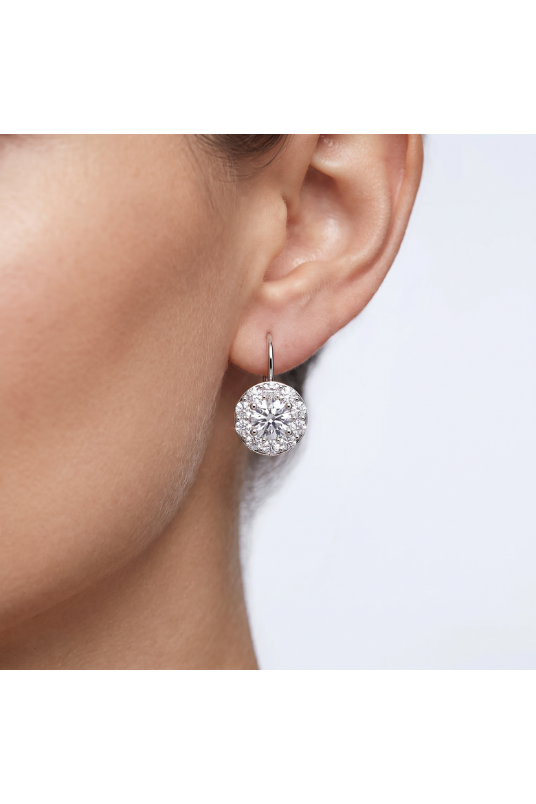 1.90Ct Halo Diamond Studs With Lever Backs Lab Grown Hoops Small 1/2" Tall, Alternate, color, Silver