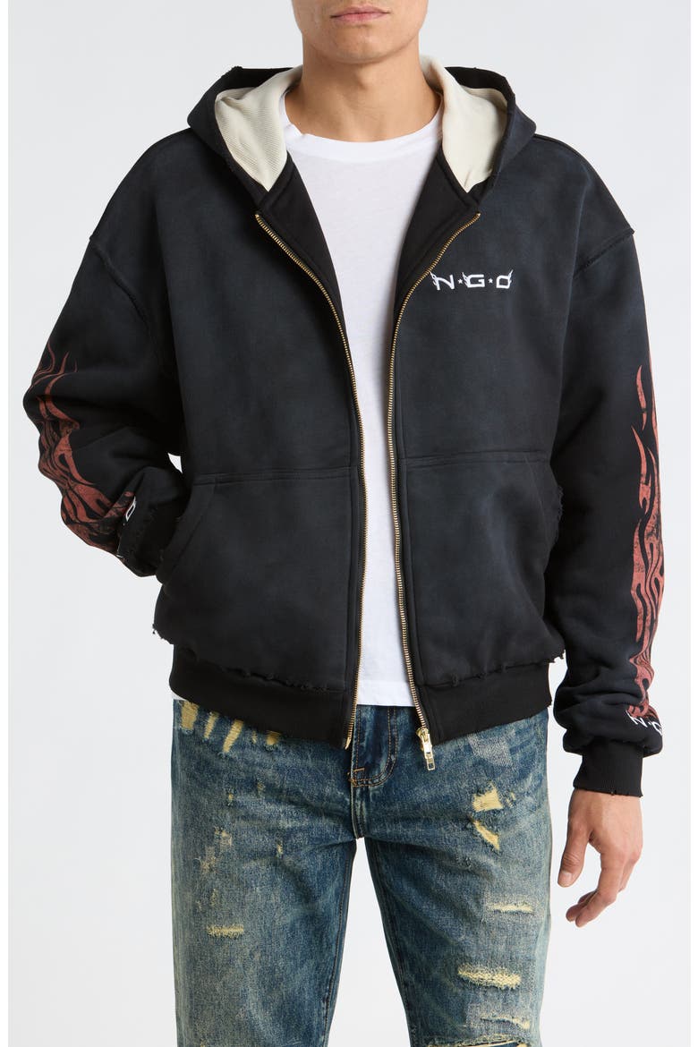 Flame Logo Zip Front Hoodie, Main, color, BLACK