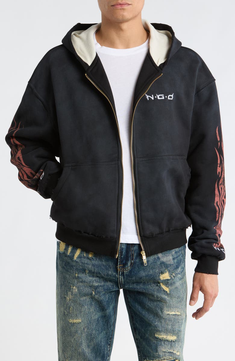 Nothing Grows Overnight Flame Logo Zip Front Hoodie, Main, color, Black