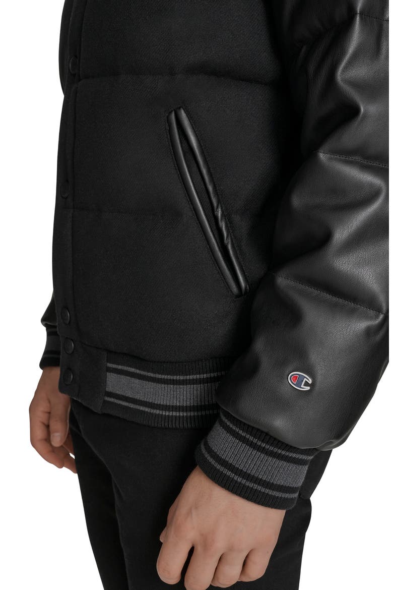 Mixed Media Varsity Puffer Jacket, Alternate, color, BLACK