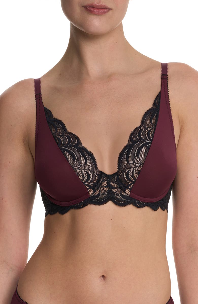 Natori Persuasion Lace Convertible Plunge T-Shirt Bra, Main, color, Royal Fig/ Black