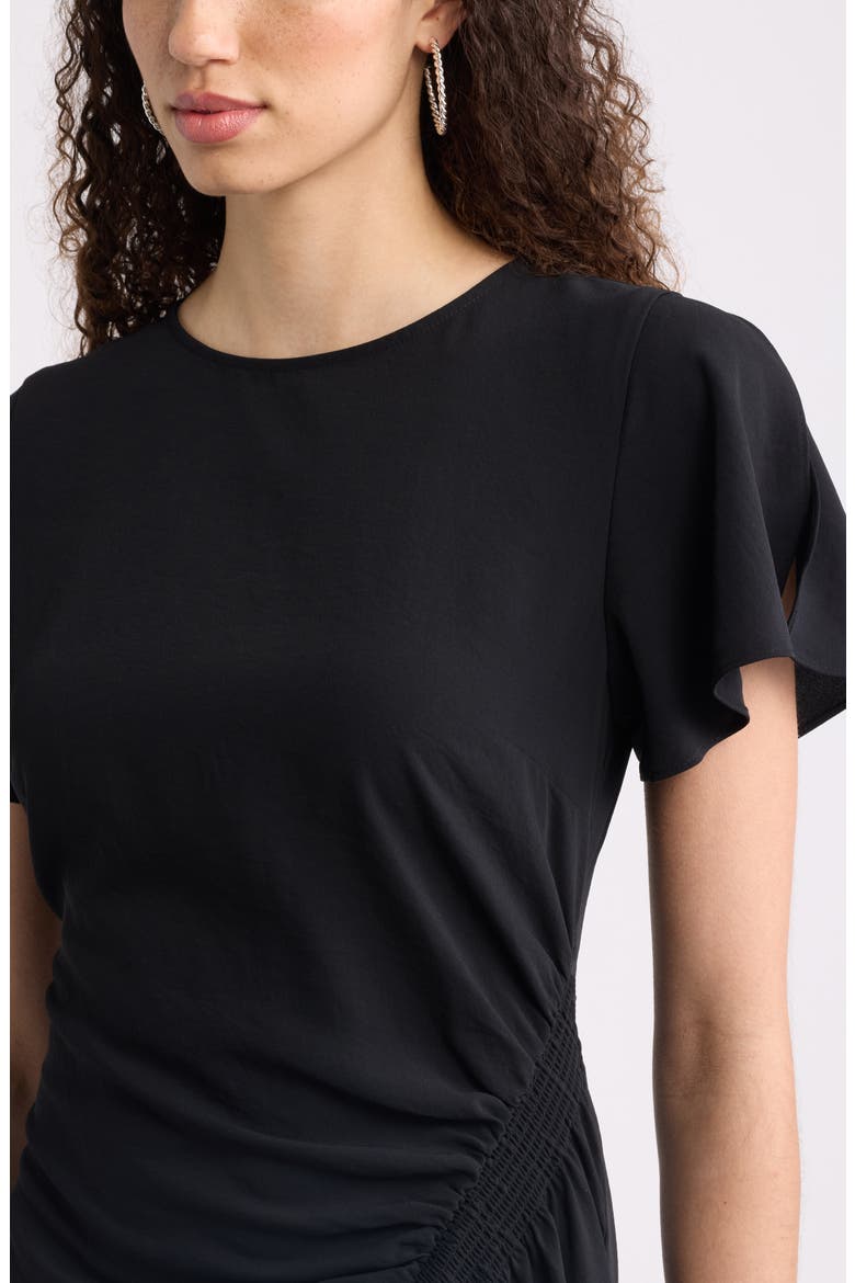 Split Sleeve Side Smocked Midi Dress, Alternate, color, BLACK