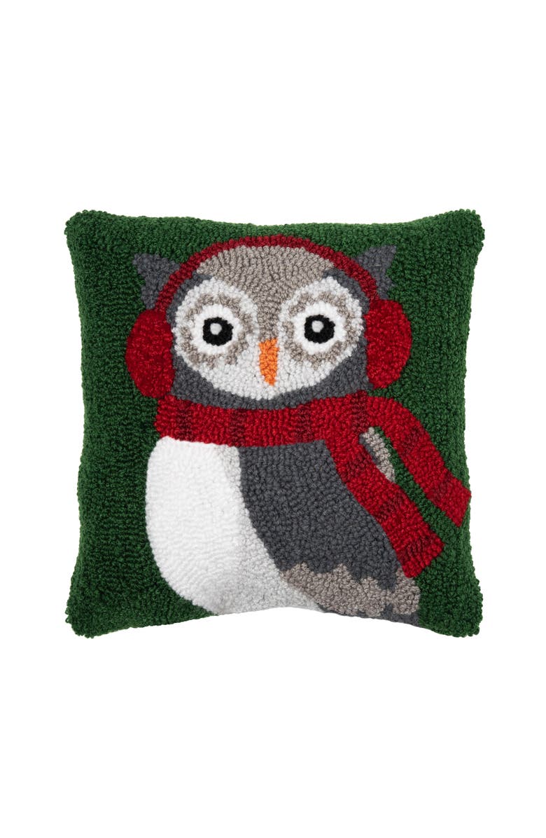 C&F Home Winter Owl Wearing Ear Muff and Scarf Christmas Accent Pillow, 12" x 12", Main, color, Green