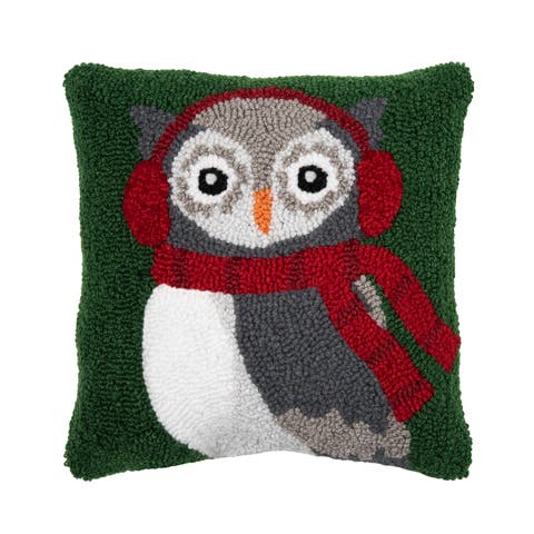 Winter Owl Wearing Ear Muff and Scarf Christmas Accent Pillow, 12" x 12"
