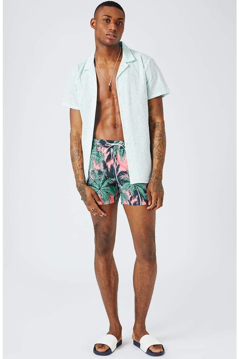 Palm Print Swim Trunks, Alternate, color, PINK MULTI