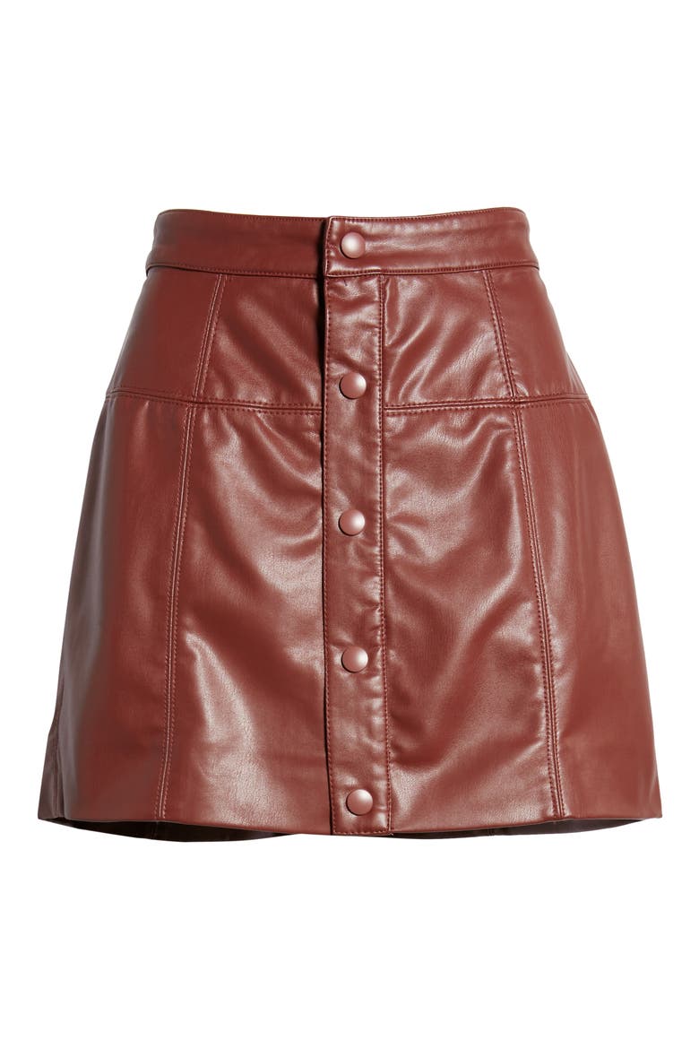 Maisie Button Front Faux Leather Miniskirt, Alternate, color, DOUBLE DARE
