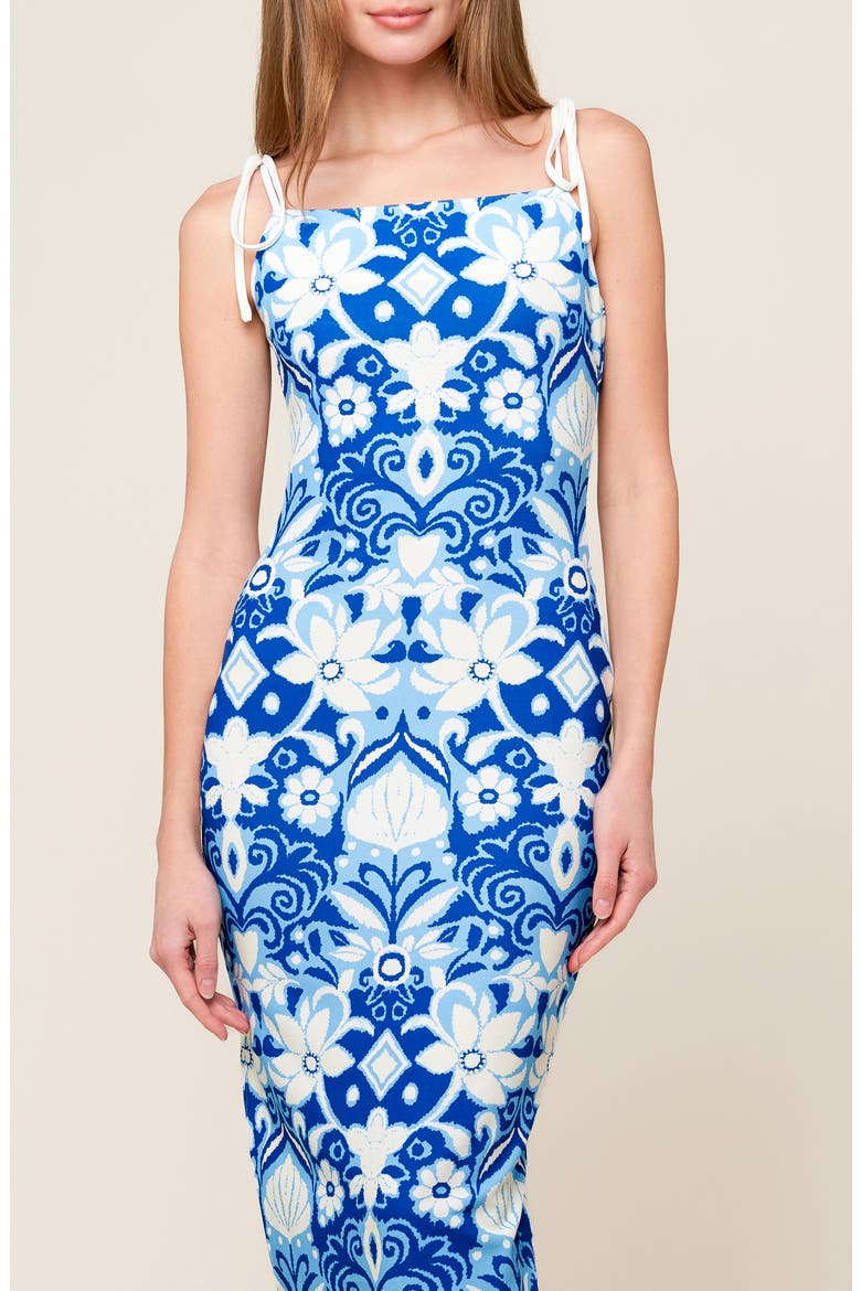 Floral Tie Strap Midi Dress, Alternate, color, BLUE/ WHITE
