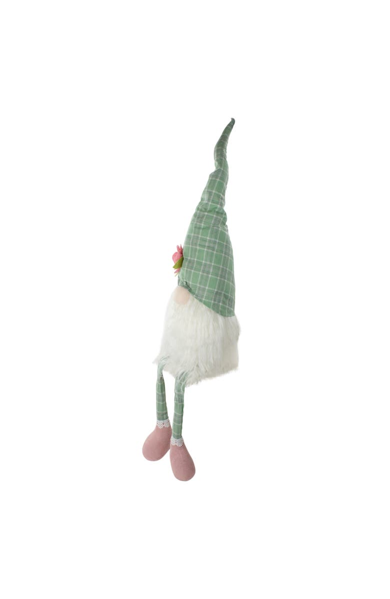 Northlight Spring Floral Plaid Gnome Figure with Dangling Legs - 28" - Green and White, Alternate, color, Green