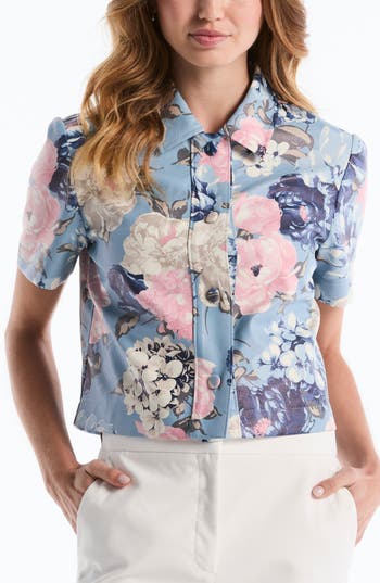 Laundry By Shelli Segal Floral Faux Leather Crop Jacket In Blue
