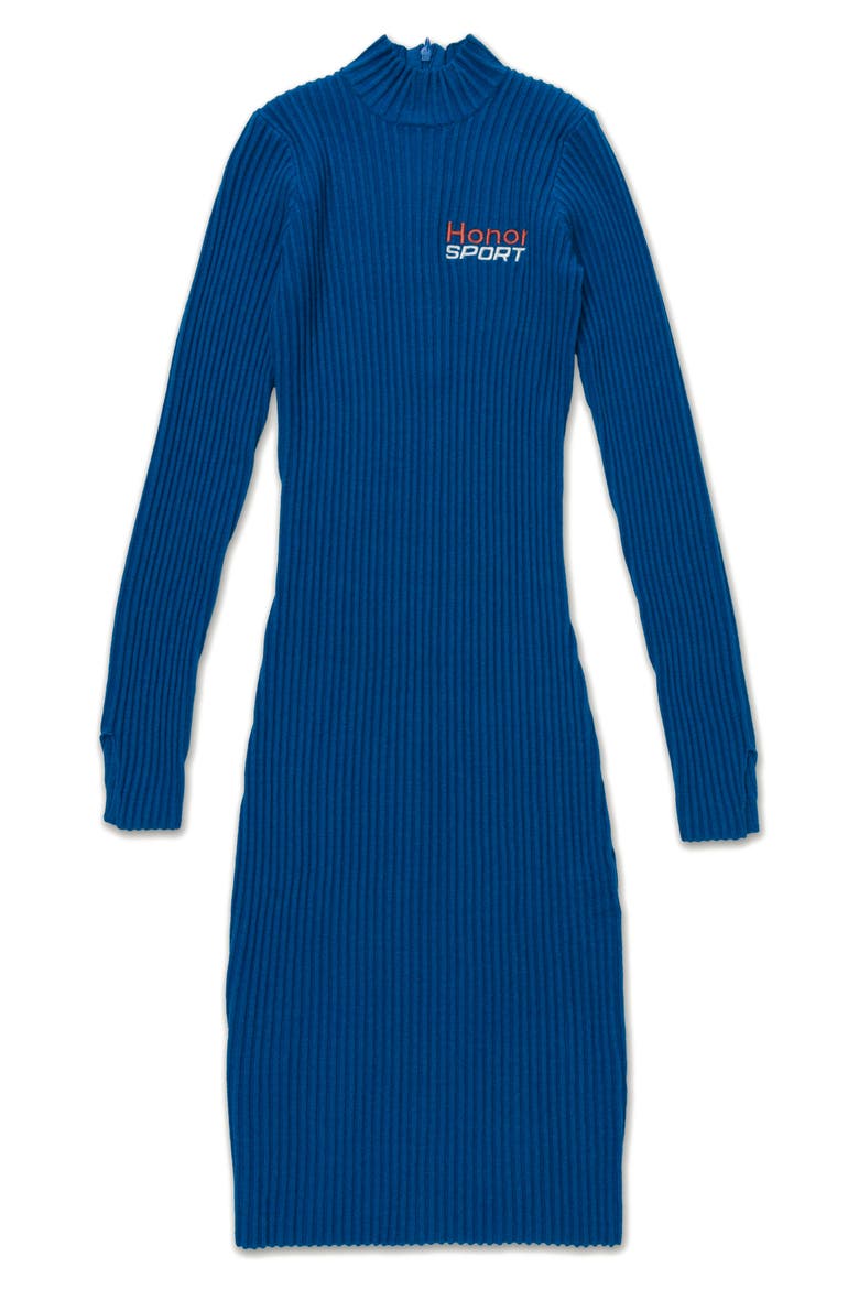 Mock Neck Long Sleeve Rib Knit Dress, Main, color, BLUE