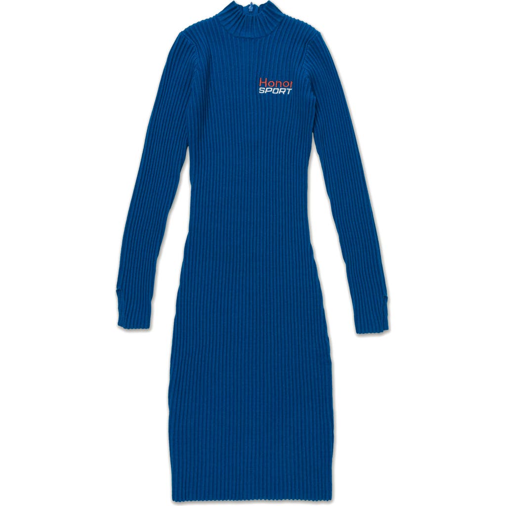 Honor The Gift Mock Neck Long Sleeve Rib Knit Dress In Blue