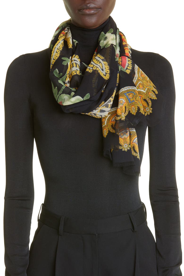 Bird Print Silk Fringe Scarf, Alternate, color, 0001 BLACK