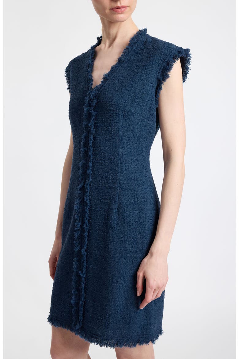Tuscany Sleeveless V-Neck Tweed Dress with Fringe Detail, Alternate, color, Steel Teal