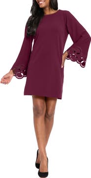 London Times Embroidered Bell Sleeve A-Line Dress