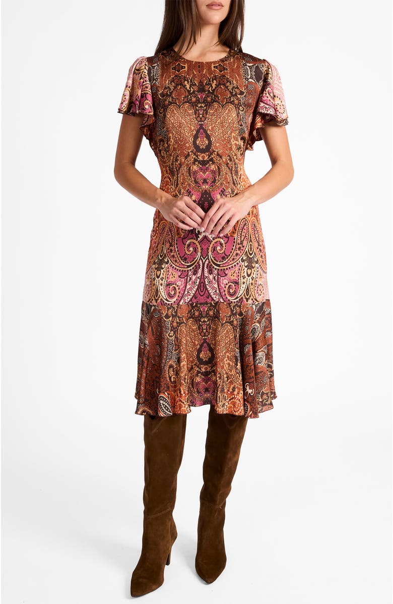 Santorelli Grazia Flutter Sleeve Sheath Dress in Printed Charmeuse, Alternate, color, Chestnut Multi