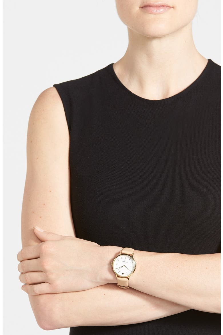 'metro' round leather strap watch, 34mm, Alternate, color, GOLD/ BEIGE