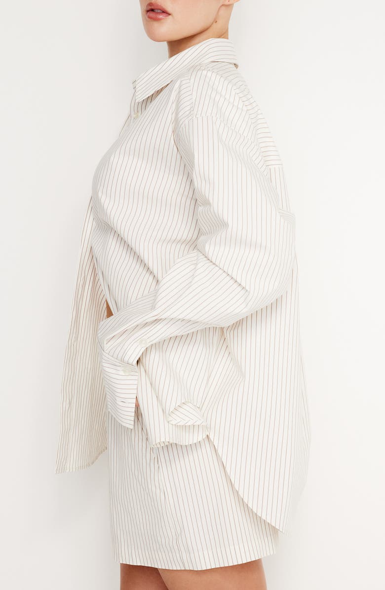 Good American Stripe Stretch Cotton Poplin Button-Up Shirt, Alternate, color, Putty Pencil Stripe003