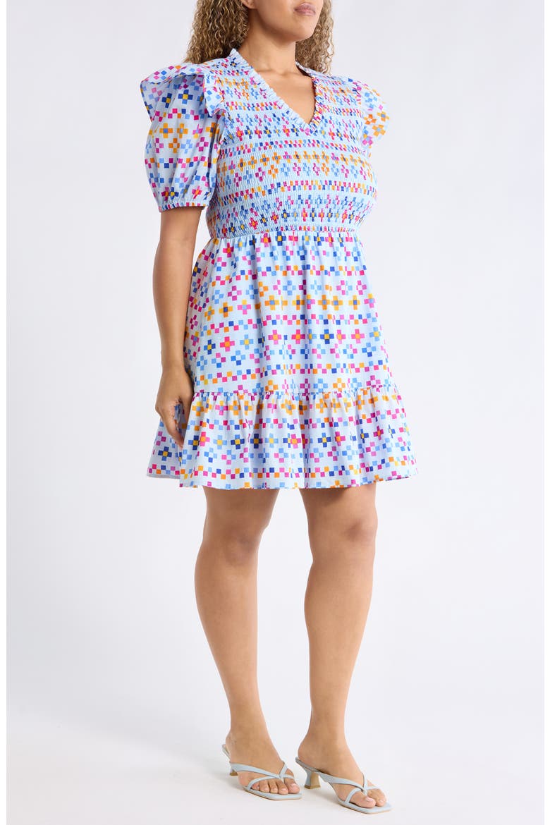 Kessa Geo Leones Smocked Minidress, Alternate, color, LT-BLUE-MULT